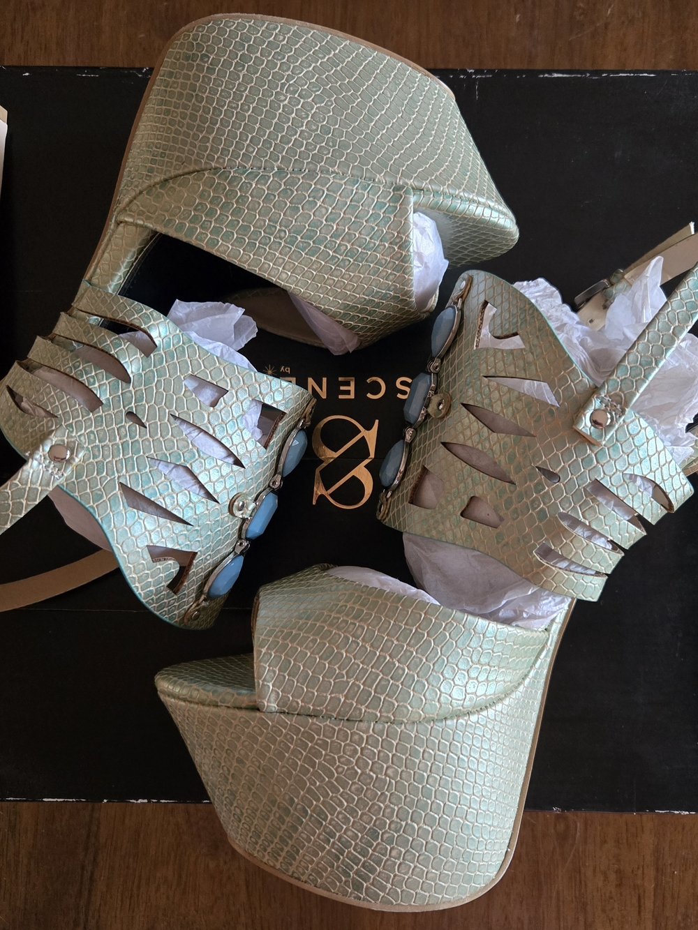 Scene Weaver Havai Platform Sandals with Blue Gem Details